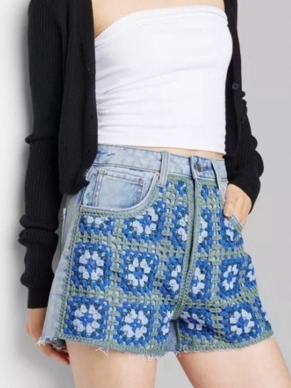 Wild Fable Blue & Green Crochet High Rise Cut-off Denim Shorts